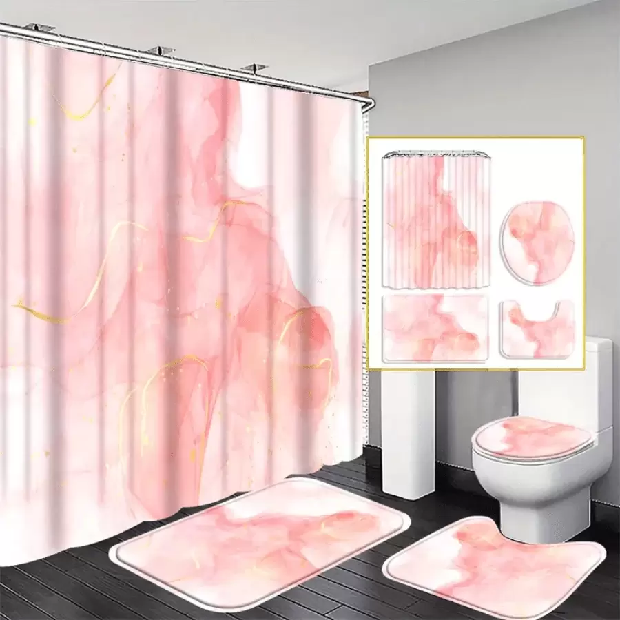 4pcs Pink Gold Patterned Marble Curtain Shower Curtain Decoration, Beautiful Housewarming Gift Modern Home Decoration, Waterproof Shower Curtain And Toilet Floor Mat Three Pieces Set With 12 Shower Curtain Hooks Room Decor Bathroom Accessories Back To School Fall Decor Bathroom Decor