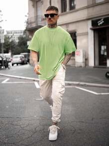 Men's Solid Color Low Stretch Simple Lightweight Loose Fit Short Sleeve T-Shirt, Versatile For Summer - Mint Green - View 3