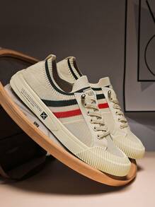 2025 新款男士休闲针织运动鞋，轻便透气一脚蹬通勤鞋，加大码 - 米色 - 查看 3