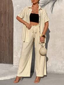 Women's Summer Casual Vacation Striped Long Style Blouse & Pants Two-Piece Set (Random Print) - Light Apricot - View 3