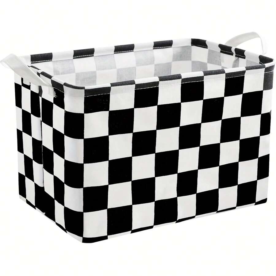 Black And White Checkered Canvas Basket, Rectangular Organizing Decorative Storage Basket For Kids, Dog Toy, Classic Checkered Room Decor For Home, Kitchen, Bedroom, Classroom, Shelves,For Back To School