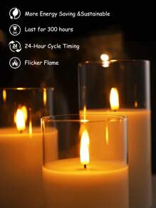 3件套电子装饰LED蜡烛灯，带遥控定时器，户外电动柱形蜡烛，电池供电，3件套逼真火焰柱形蜡烛，暖焰，生日婚礼装饰，适用于灯笼、庭院、圣诞节、万圣节、情人节、派对、餐桌、家居装饰 - 透明 - 查看 7