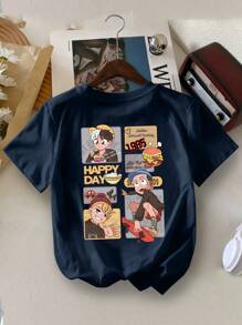 Summer Short-Sleeved Boy Happy Day Eating Hamburgers And Cakes Playing Skateboard Lettering Printed Round-Neck T-Shirt