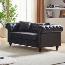 YOGLAD Button Tufted 3 Seats / 2 Seats Combo Sofa Couch With Nailhead Trim&Roll Armrest, Modern Living Room Sofa Set With Solid Wood Frame, Upholstered Mid Century Modern Couch With Wooden Legs, Chesterfield Sofa With 4 Cushions For Living Room, Apartment & Office Furniture - 黑色 - 查看 5