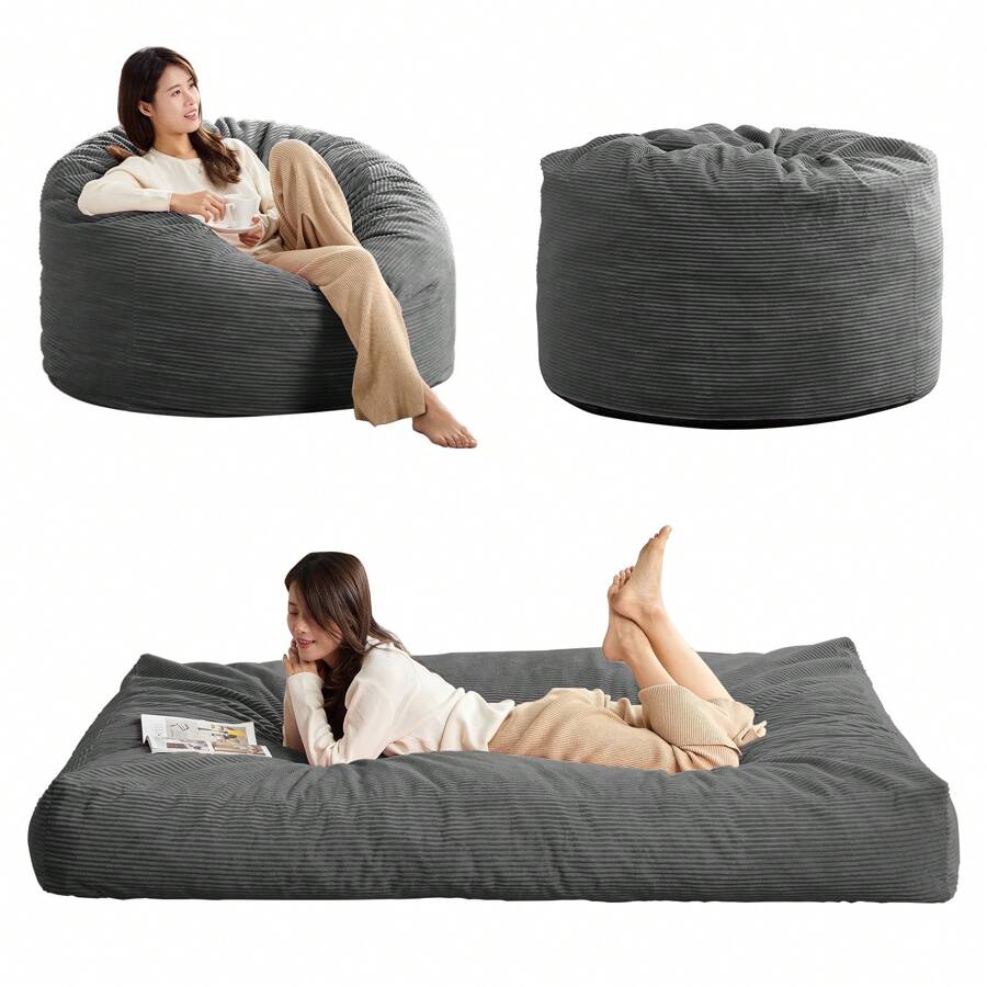 Full/Queen Size Bean Bag Chairs For Adults, 2 In 1 Bean Bag Chairs, Convertible Bean Bag With Filler For Gaming Large Foam, Bean Bags With Washable Soft Corduroy Cover For Living Room - 淺灰色 - 查看 1