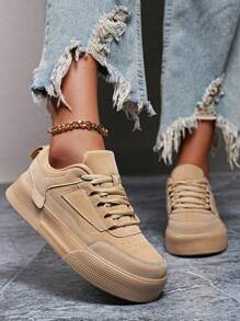 (Size Runs Small) Women's Minimalist Solid Color Patchwork Detail Front Tie Skateboard Shoes, Round Toe Platform Comfortable Casual Sneakers