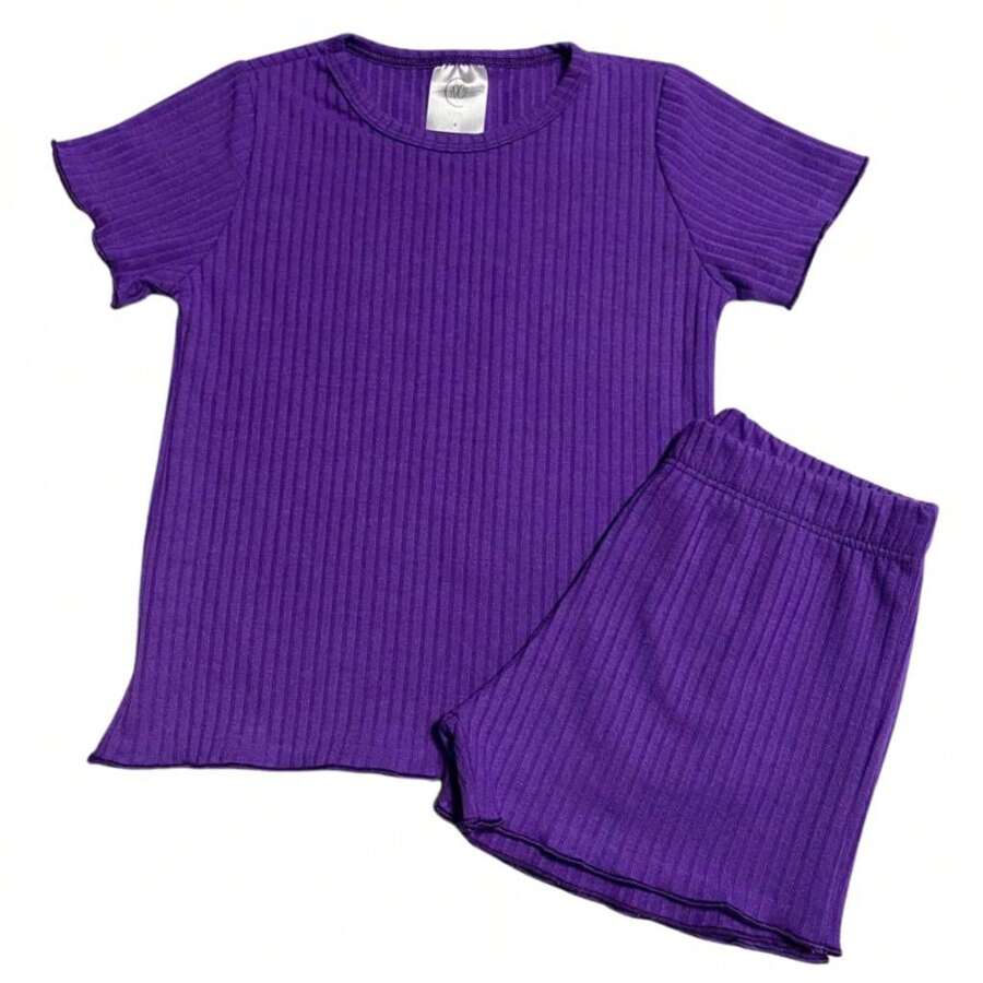 Summer Ribbed Set With FruFru For Girls - Màu tím - Xem 1