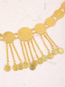 1pc Gold Tone Coin Shaped Alloy Bride Waist Chain, Exquisite Tassel Design, Saudi Arabian Style Fashion Waist Belt For Wedding, Party, Holiday