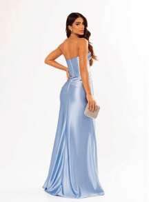 LONG WEDDING PARTY DRESS FOR BRIDESMAID FASHIONISTA STRAPLES WITH SLIT - Baby Blue - View 2
