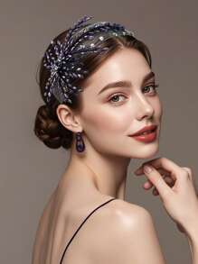1 Piece Of Women's Fashionable Elegant Purple Crystal Wide Brimmed Headband With Elegant And Unique Leaf Design Beaded Mesh Hair Accessory, Light And Luxurious Wedding Banquet, Holiday Party, Birthday Bridesmaid Gift, Daily Leisure Commuting Accessories.