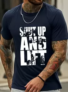 Lente/zomer heren outdoor sport T-shirt met "Lift Up And Train" afbeelding, geschikt voor uitgaan, vrienden, buitenreizen, dagelijkse vrije tijd, sport- en sportschooltrainingen, ademend mode casual korte mouw T-shirt