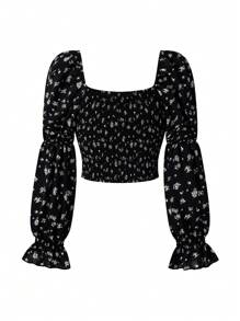 女式法式复古方领灯笼袖修身衬衫 - 黑色 - 查看 3