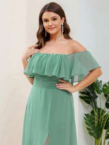 EVERPRETTY Vestido formal de dama de honor con hombros descubiertos y abertura en el muslo para tallas grandes - Verde - Ver 6