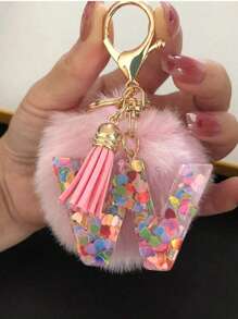 Letter Initial Keychain, Cute Fluffy Ball Keyring, Can Be Hung On Bags, Backpacks, Cars, Ideal Gift For Women And Girls, Also A Wallet And Handbag Accessory. This Tassel Keychain Includes Letters A-Z, Suitable For Commuting Wear. - Pink - View 17