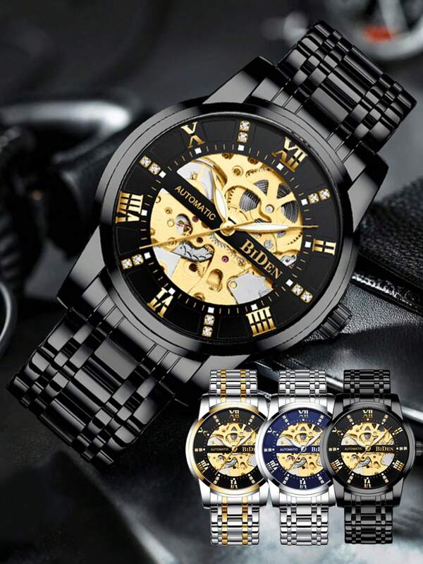  Reloj mecánico para hombre BIDEN, reloj de negocios de moda automático y mecánico, esfera hueca luminosa, correa de acero inoxidable, reloj mecánico resistente al agua para hombres