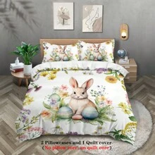 Juego de Edredón de 3 Piezas con Tema de Pascua con Estampados de Conejo, Floral y Huevos de Pascua (1 Edredón + 2 Fundas de Almohada; Sin Relleno), Un Juego de Ropa de Cama Suave y Cómodo Adecuado para Decorar Habitaciones de Hombres y Mujeres, Dormitorios y Hoteles de Negocios - KKL-SJT0408 - Ver 2