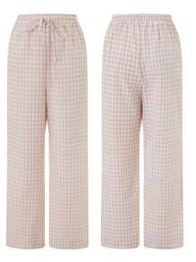 Women's Summer Casual Pants Plaid Drawstring High Waist Straight Leg Trousers For Daily Wear - 卡其色 - 查看 2