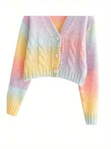 Women's Button Down Cropped Cardigan, Long Sleeve Tie Dye Print Cable Knit Sweater