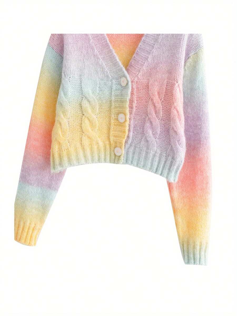Women's Button Down Cropped Cardigan, Long Sleeve Tie Dye Print Cable Knit Sweater