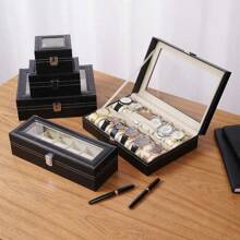 6-Slot PU Leather Watch Box Display Storage Case, Lockable Jewelry Organizer Box With Glass Lid, Large Capacity Watch Holder Drawer For Men And Women (Black) - Multicolor - View 2