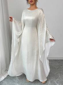 女式圆领可调节腰部休闲连衣裙，采用闪亮面料，端庄大方 - 杏色 - 查看 4