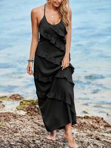 Eleganfit Women's Sexy Backless Sleeveless Chiffon Halter Ruffle Tassel Maxi Dress - 黑色 - 查看 2
