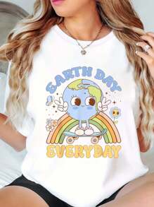 Earth Day For Women Teacher Men & Kids T-Shirt Print Crew Neck T-Shirt For Summer, Women's Soft Short Sleeve Top, Stylish Comfy Tee For Women Graphic Tees