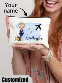 1 PC Fashionable Flight Attendant Personalized Cosmetic Bag - Polyester Makeup Pouch With Zipper, Machine Washable, Lightweight, Fade Resistant, Foldable, And Fixed Shoulder Strap For Customizable Travel Toiletry Organization And Easy Carrying - Beige - View 1