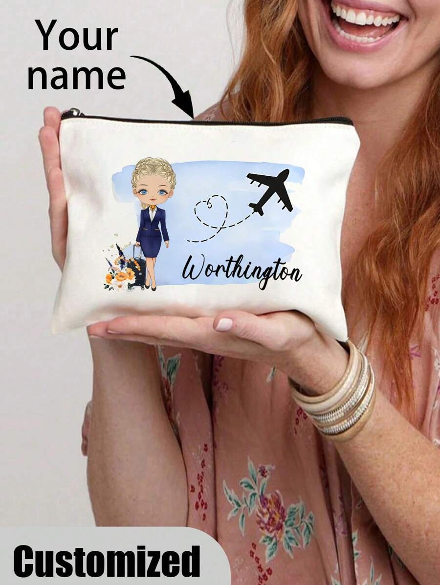 1 PC Fashionable Flight Attendant Personalized Cosmetic Bag - Polyester Makeup Pouch With Zipper, Machine Washable, Lightweight, Fade Resistant, Foldable, And Fixed Shoulder Strap For Customizable Travel Toiletry Organization And Easy Carrying - Beige - View 1