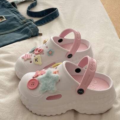 2025 Spring Thick Sole Perforated Shoes With Button Star Decor, Women's Cute Cartoon EVA Beach Sandals For Season Wear, Fashion Party Gathering