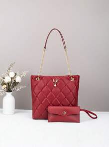2pcs Set Solid Color Quilted PU Leather Shoulder Bag With Pearl Tassel Zipper Closure Design, Simple & Versatile, Suitable For Daily Use/Shopping - Multicolor - View 6