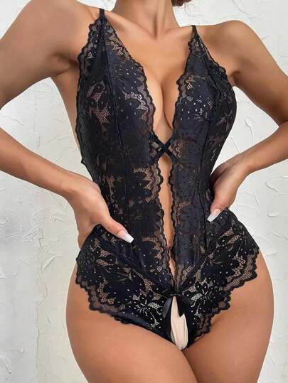 Verleidelijke Crotchless Kanten Strap Criss Cross Halter Teddy Lingerie Open Crotch, Rave view 3