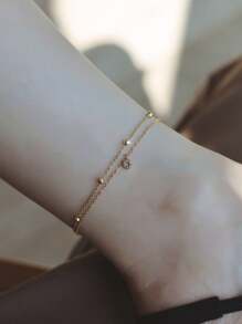 女士时尚简约优雅单水晶球脚链，分层设计，适合度假、派对、日常穿着、礼物 - 金色 - 查看 4