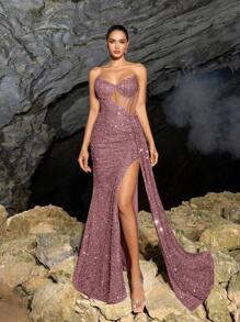 Elisanya Elegantes trägerloses Kleid mit Herzausschnitt, glitzernder Rock mit seitlichem Drapieren und hohem Schlitz, elegantes Abendkleid für Frühling-Sommer Formelle Anlässe, perfekt für den roten Teppich, Gala, Hochzeit & Luxus-Party, Hochzeitsgast Kleid