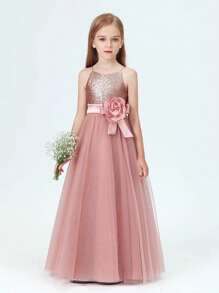 青少年女孩亮片吊带背心网眼优雅派对礼服、公主裙、女孩生日派对、婚礼、伴娘、圣诞节、正式场合庆祝礼服 - 粉色 - 查看 4