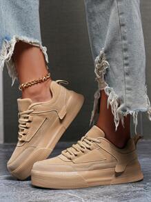 (Run Small Size) Women's Simple Patchwork Comfortable Versatile Casual Black Flat Sneakers, Personalized Outdoor Fashion Business Lace-Up Skateboard Shoes - Khaki - View 7