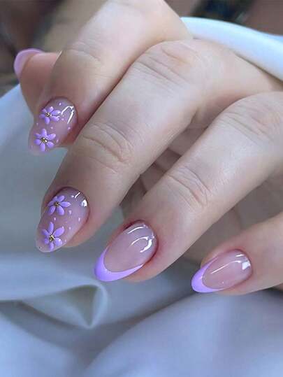 24pcs Almond Shape Acrylic Press On Nails Purple Nails French Tip And Flower Design Nail Supplies Simple And Fresh Style Fake Nails,False Nails,Daily Wear Gel Nail Kit