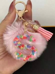 Letter Initial Keychain, Cute Fluffy Ball Keyring, Can Be Hung On Bags, Backpacks, Cars, Ideal Gift For Women And Girls, Also A Wallet And Handbag Accessory. This Tassel Keychain Includes Letters A-Z, Suitable For Commuting Wear. - Pink - View 11