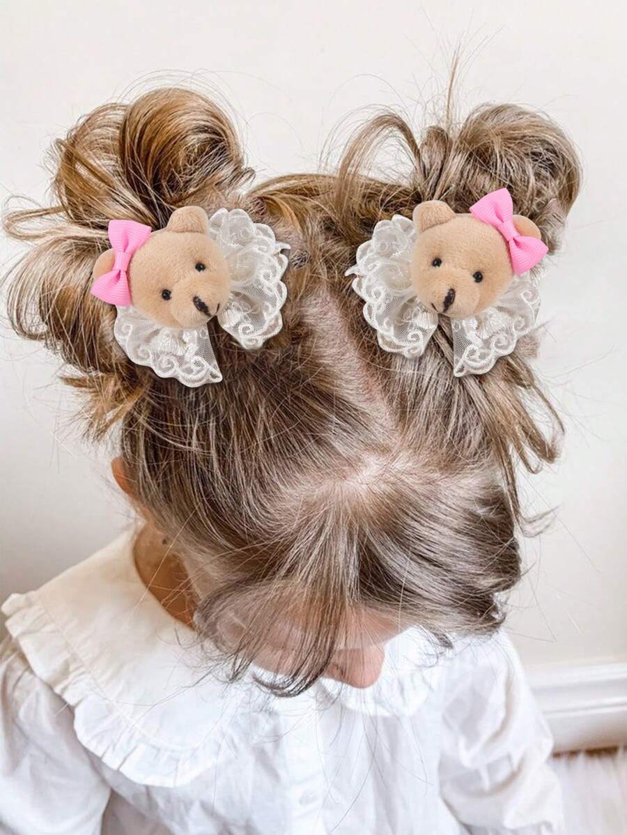 2pcs Bear Hair Clips Tulle Mesh Decor Cute Bear Hairpins For Girls Bear Hair Accessories - Multicolor - View 1