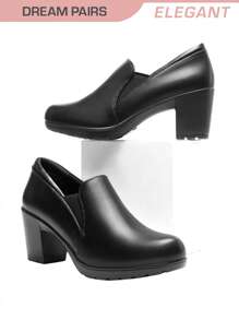 Women's Black Low Chunky Block Heels Pumps Casual Comfortable Slip-On Heeled Loafers Dress Work Shoes For Office Business - 黑色 - 查看 2