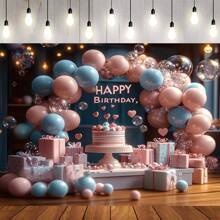 独特的粉色和蓝色生日快乐气球横幅 - 彩色派对装饰，配有蛋糕和礼物展示，非常适合庆祝活动，闪闪发光的照片背景，生日派对装饰 | 异想天开的气球设计 | 柔和的调色板，生日派对装饰 - 1件 - 查看 1