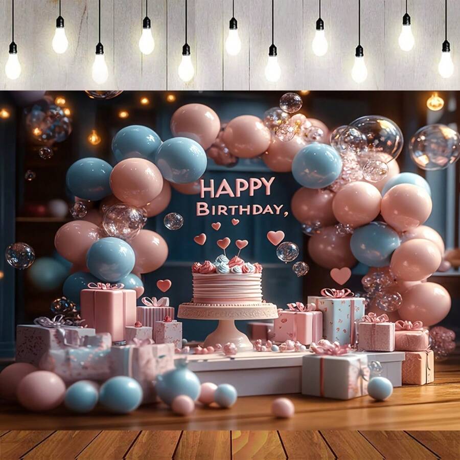 独特的粉色和蓝色生日快乐气球横幅 - 彩色派对装饰，配有蛋糕和礼物展示，非常适合庆祝活动，闪闪发光的照片背景，生日派对装饰 | 异想天开的气球设计 | 柔和的调色板，生日派对装饰 - 1件 - 查看 1