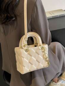 女士新款菱形图案手提包、托特包和斜挎包，简约时尚 - 米色 - 查看 3