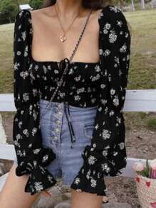 女式法式复古方领灯笼袖修身衬衫 - 黑色 - 查看 1