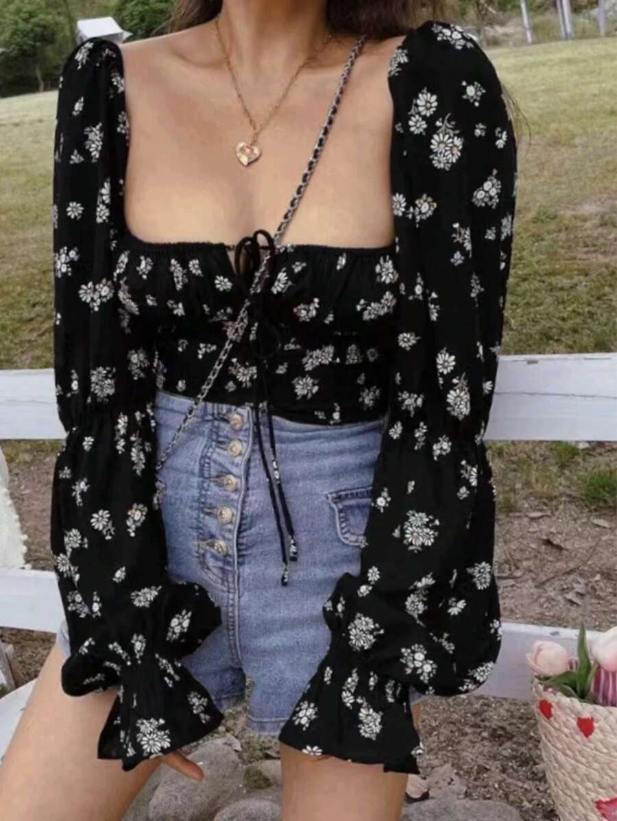 女式法式复古方领灯笼袖修身衬衫 - 黑色 - 查看 1