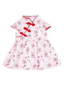 Girls Kids Chinese Qipao Dress Summer Short Sleeve Floral Print Pleated Tutu Dress Classical Dress Outfit Set Cloths - Đỏ - Xem 4