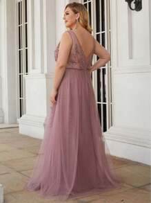 EVERPRETTY Plus Size Embroidery Maxi Long Ethereal Tulle, Bridesmaid Dress - Dusty Pink - View 2