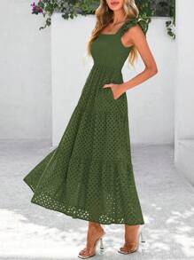 Women's Summer Square Collar Long Dress With Sleeve Cap Hole Eye Ruffles Layered A-Line Casual Vacation Long Skirt With Pockets - 軍綠色 - 查看 5