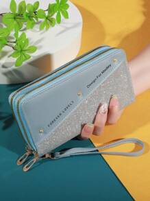 彩色闪光手拿包 女士 零钱包 带卡槽 双拉链 卡包 & 手机夹 钱包 钱包 长款钱包 钱包 腕包 - 彩色 - 查看 8