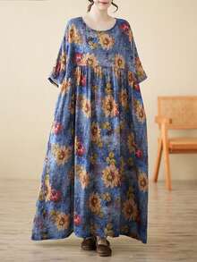 2026春节母亲节优雅日常连体裤、上衣、睡衣内搭、波西米亚休闲度假连衣裙、夏季新款圆领短袖连衣裙、女士大码度假装、沙滩装 - 藍色 - 查看 4